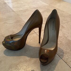 Dark gold peep toe pumps